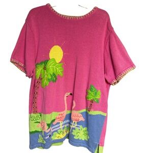 The Quacker Factory Pink Flamingo Tropical Knit Sweater Short Sleeve Womens 1X